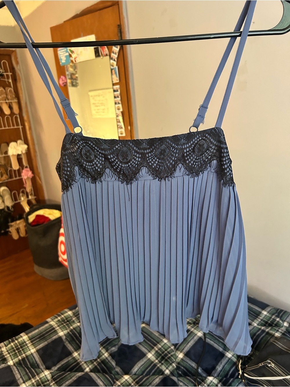 Blue Lace Trim Satin Cami Tank